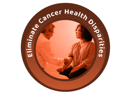 A reddish brown, circular icon with a photo of a woman a healthcare professional. Above them are the words Eliminate Cancer Health Disparities.