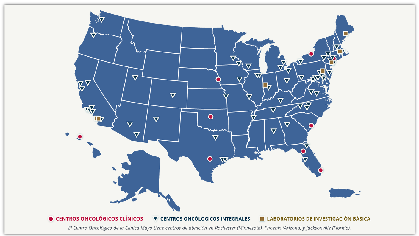 Un mapa de los Estados Unidos en el que se muestra la ubicación de los centros oncológicos.